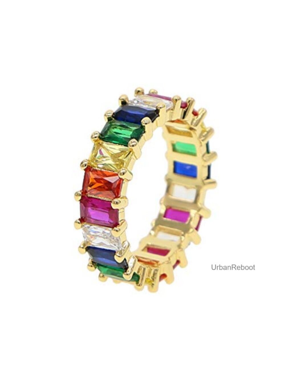 Gold Filled Rainbow CZ Half Eternity Engagement Ring Women Baguette Square